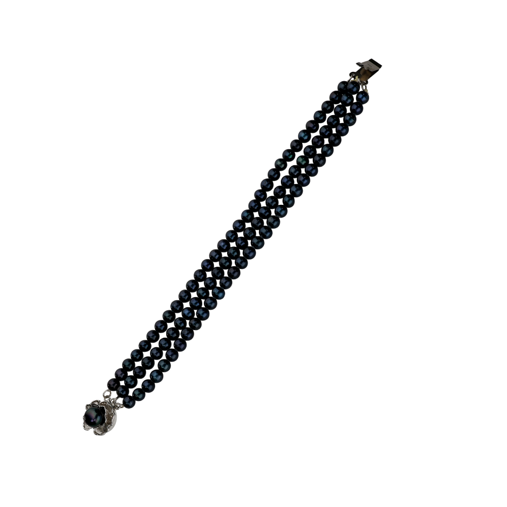 Black Colour 3 Rows Fresh Water Bracelet