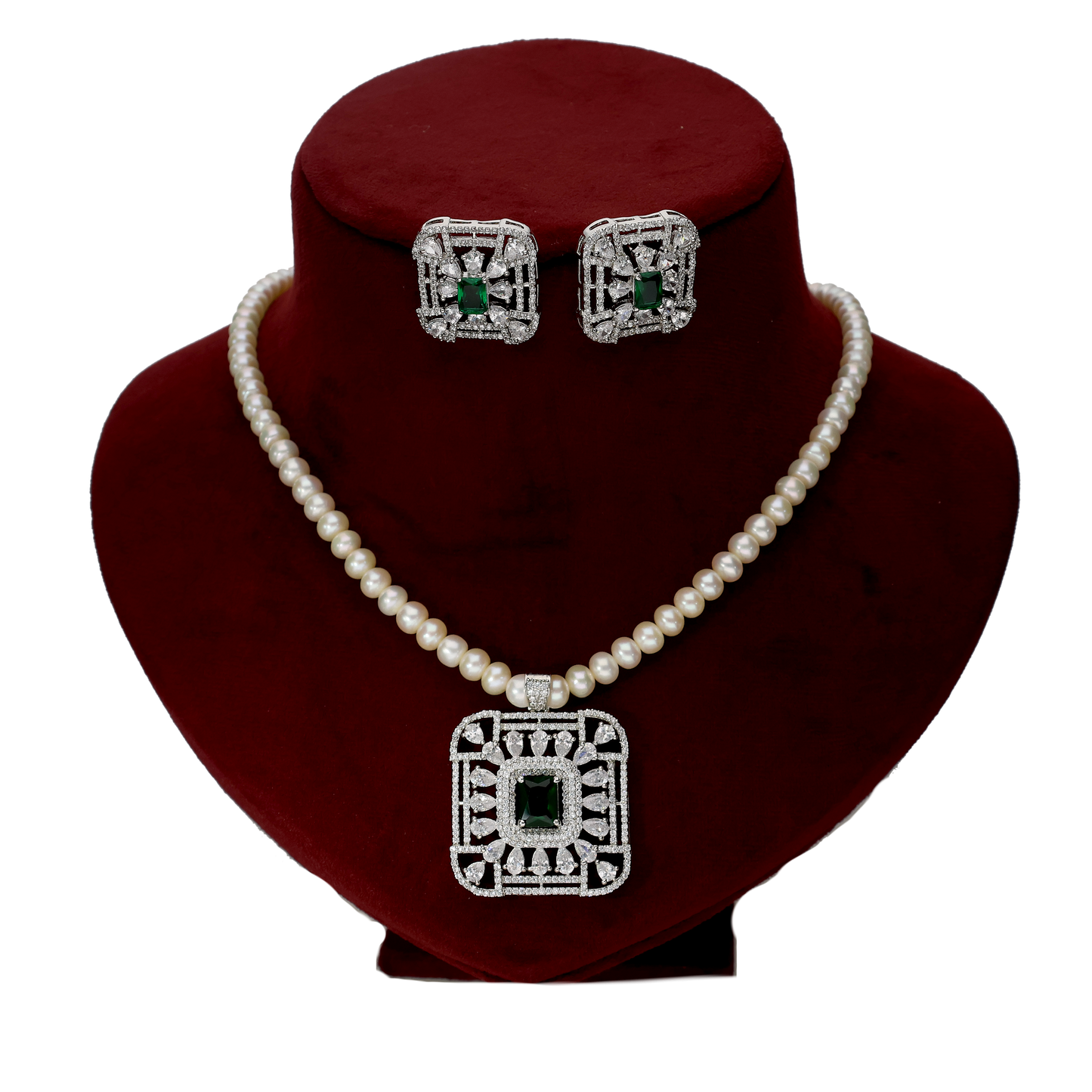 Charming Pearl Ad Set with Green Stones
