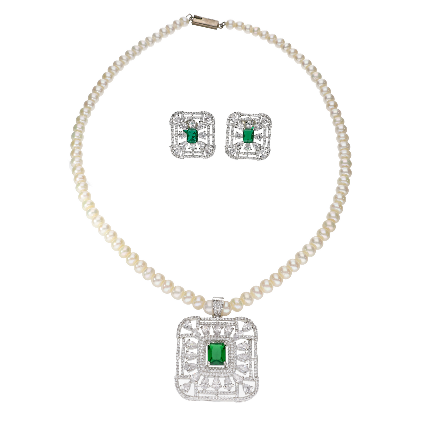 Charming Pearl Ad Set with Green Stones