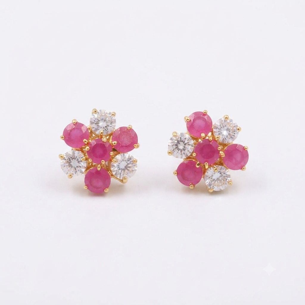 Pink & White Crystal Flower Studs
