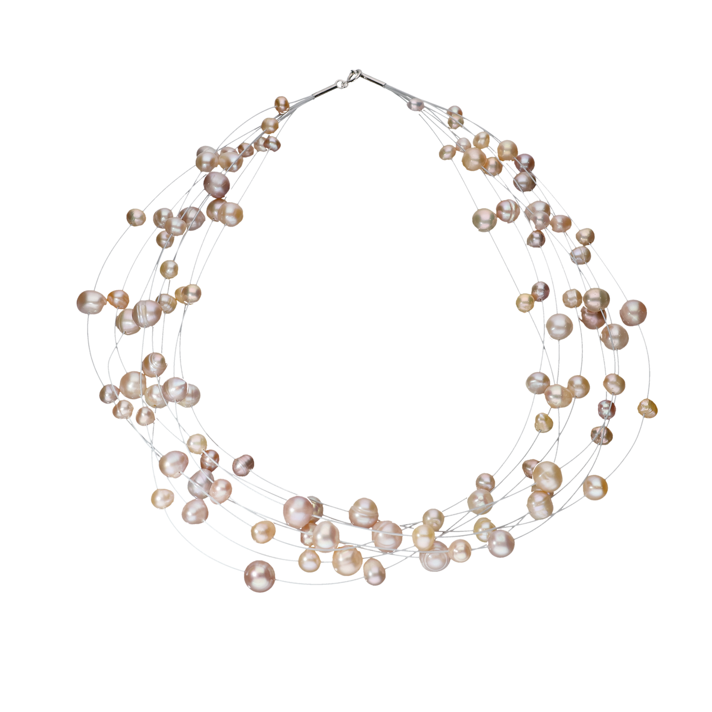 Pink & Peach Colour Pearls On Silver Chain
