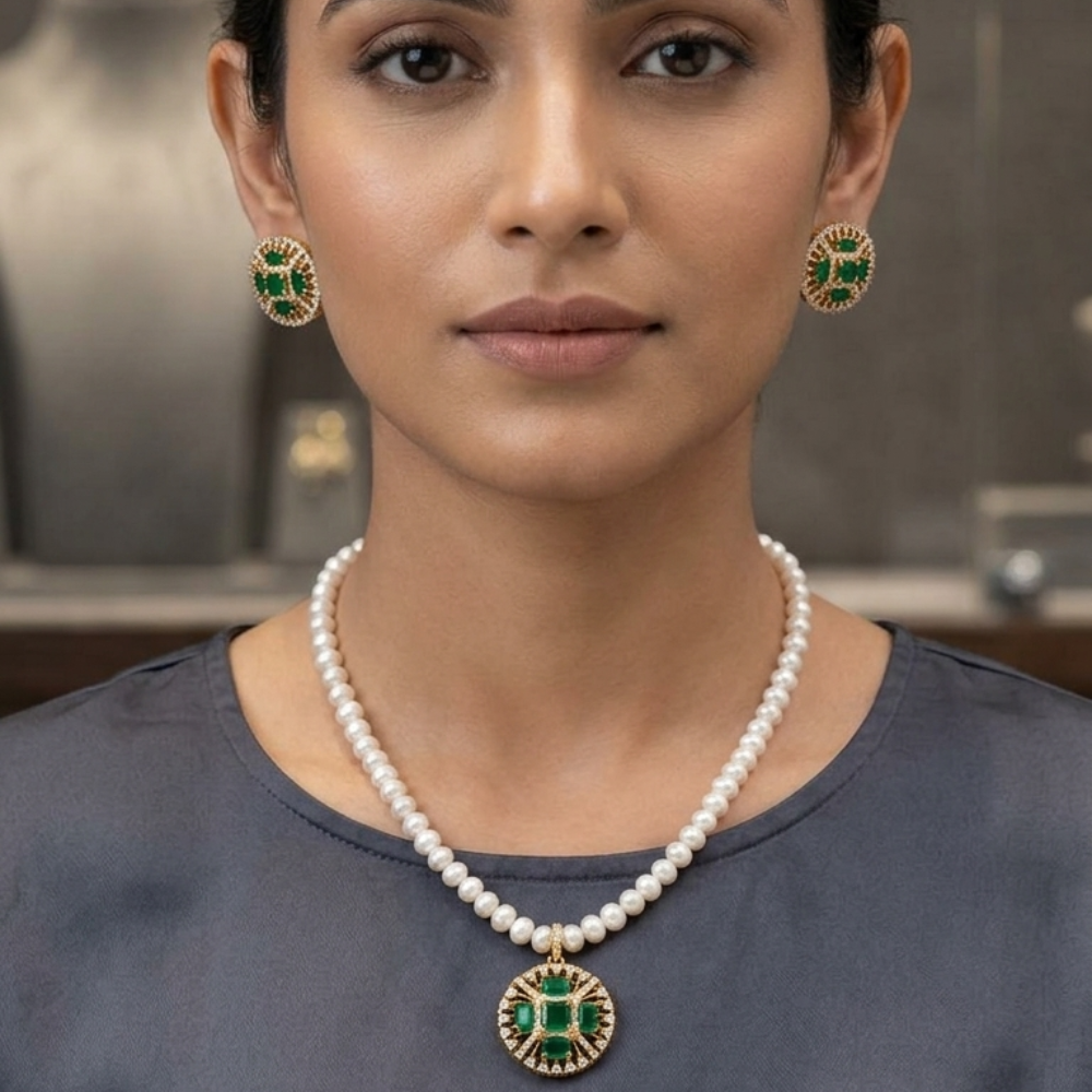 Classic Circular Emerald Stone Locket with Pearl