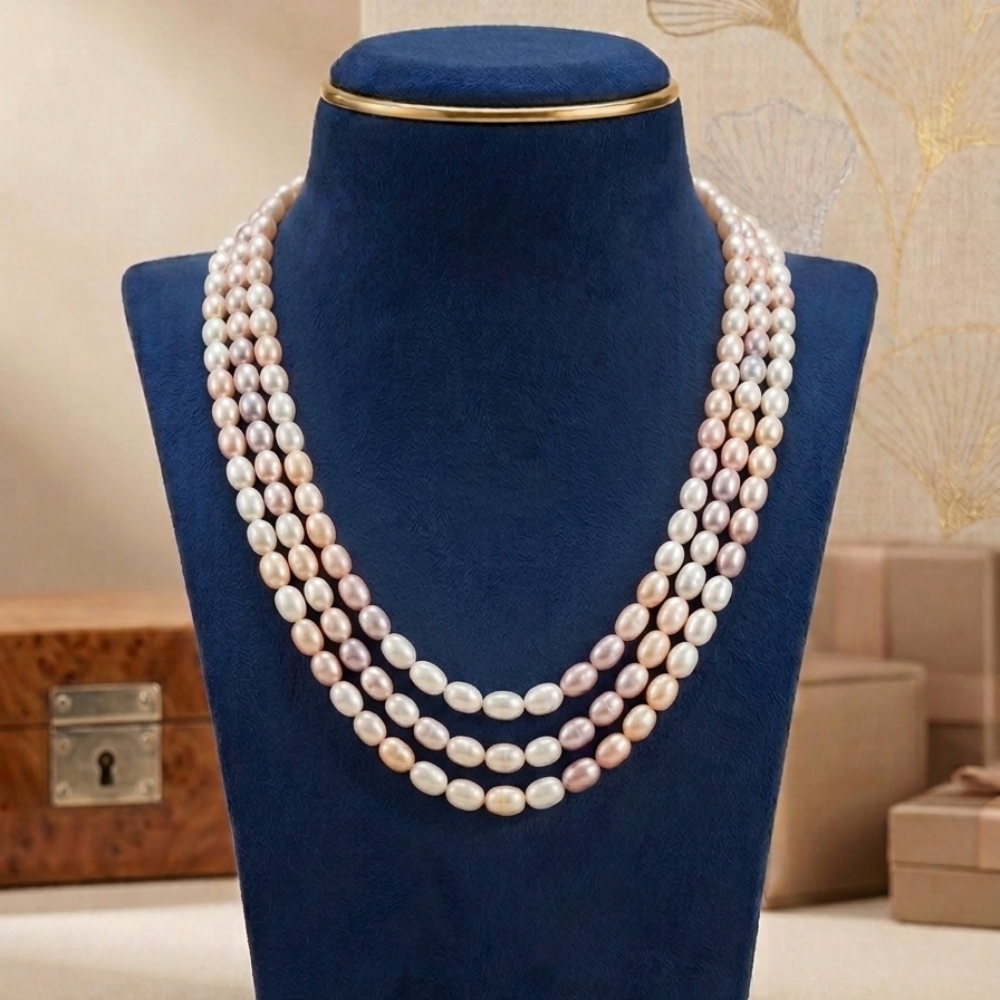 Mix Colour 3 Line Pearl Necklace