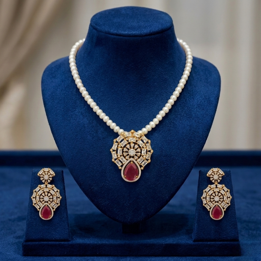 Ruby and Pearl Pendant Set