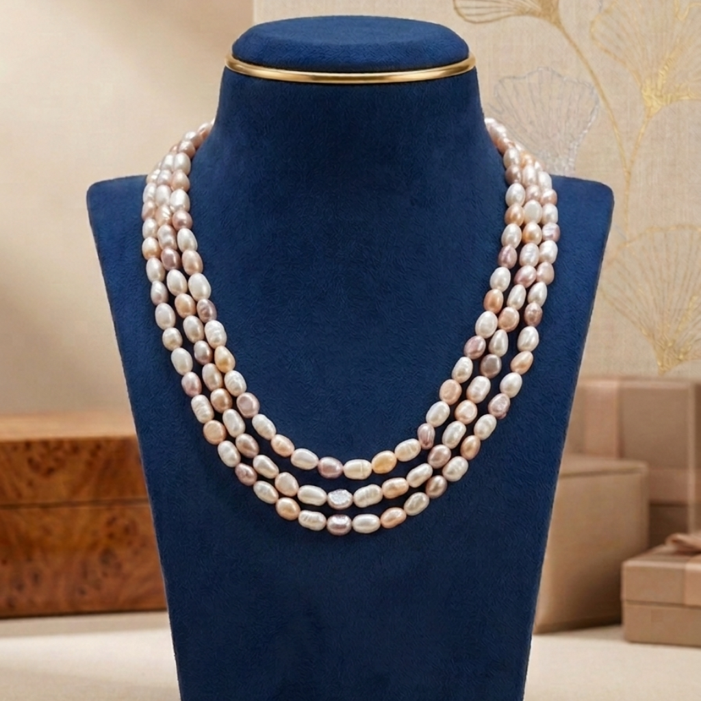 Elegant Three-Strand Pastel Pearl Necklace