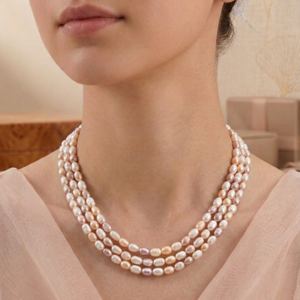 Elegant Three-Strand Pastel Pearl Necklace