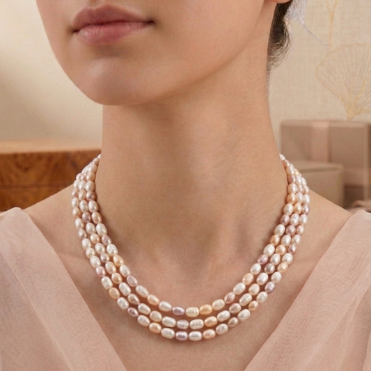 Elegant Three-Strand Pastel Pearl Necklace