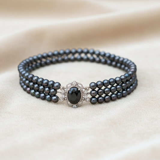 Black Colour 3 Rows Fresh Water Bracelet