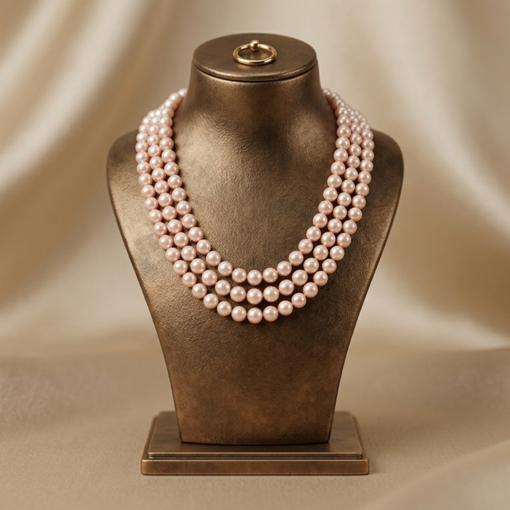 Exquisite Three-Strand Pink Pearl Necklace