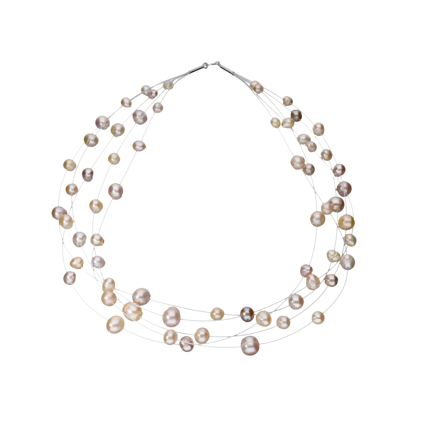 Pink & Peach Colour Pearls On Silver Chain