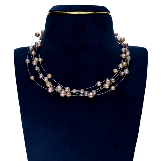 Pink & Peach Colour Pearls On Silver Chain