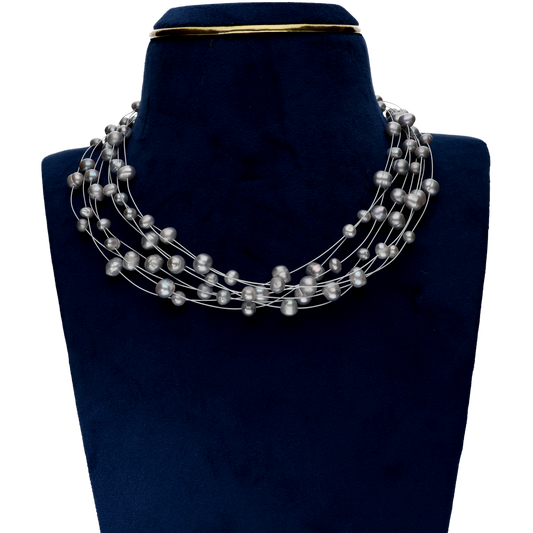 Grey Colour Pearls On Silver Chain