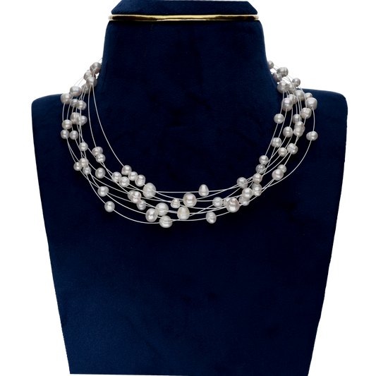 Classic White Colour Pearls On Silver Chain