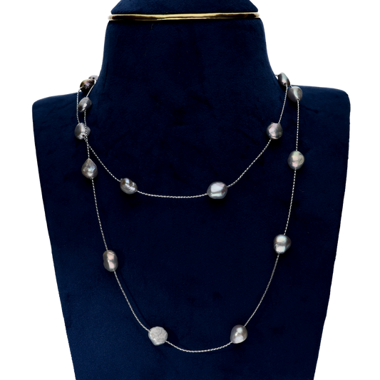 Grey Colour Pearls On Silver Chain