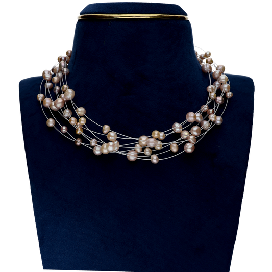 Pink & Peach Colour Pearls On Silver Chain