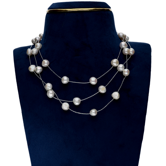 White Colour Fresh Water Pearls On Silver Chain