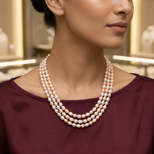 Elegant Three-Strand Peach & White Pearl Necklace