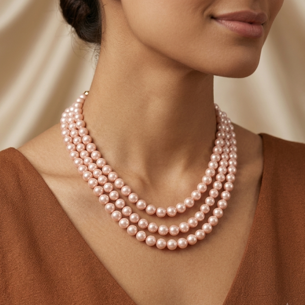 Exquisite Three-Strand Pink Pearl Necklace