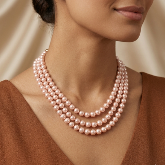 Exquisite Three-Strand Pink Pearl Necklace