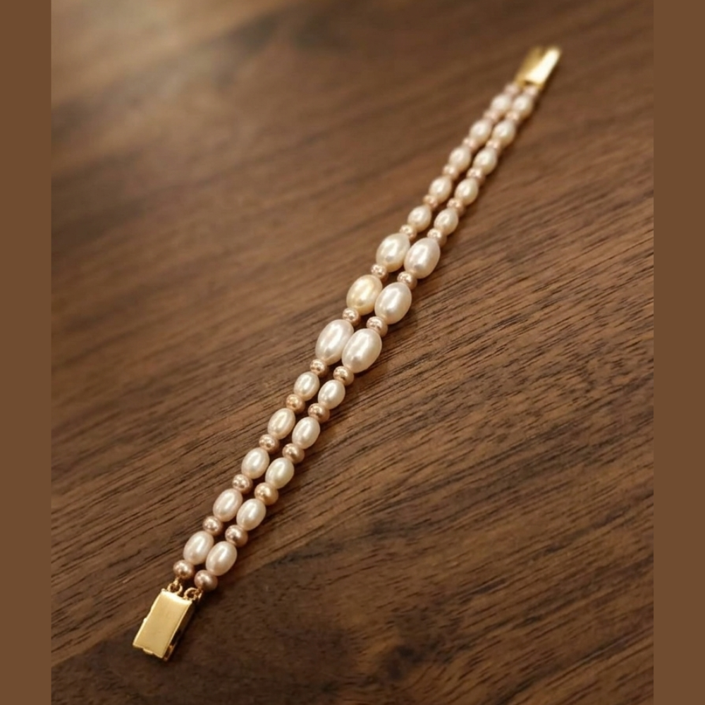 Double-Strand Oval Freshwater Pearl Bracelet with Gold Clasp