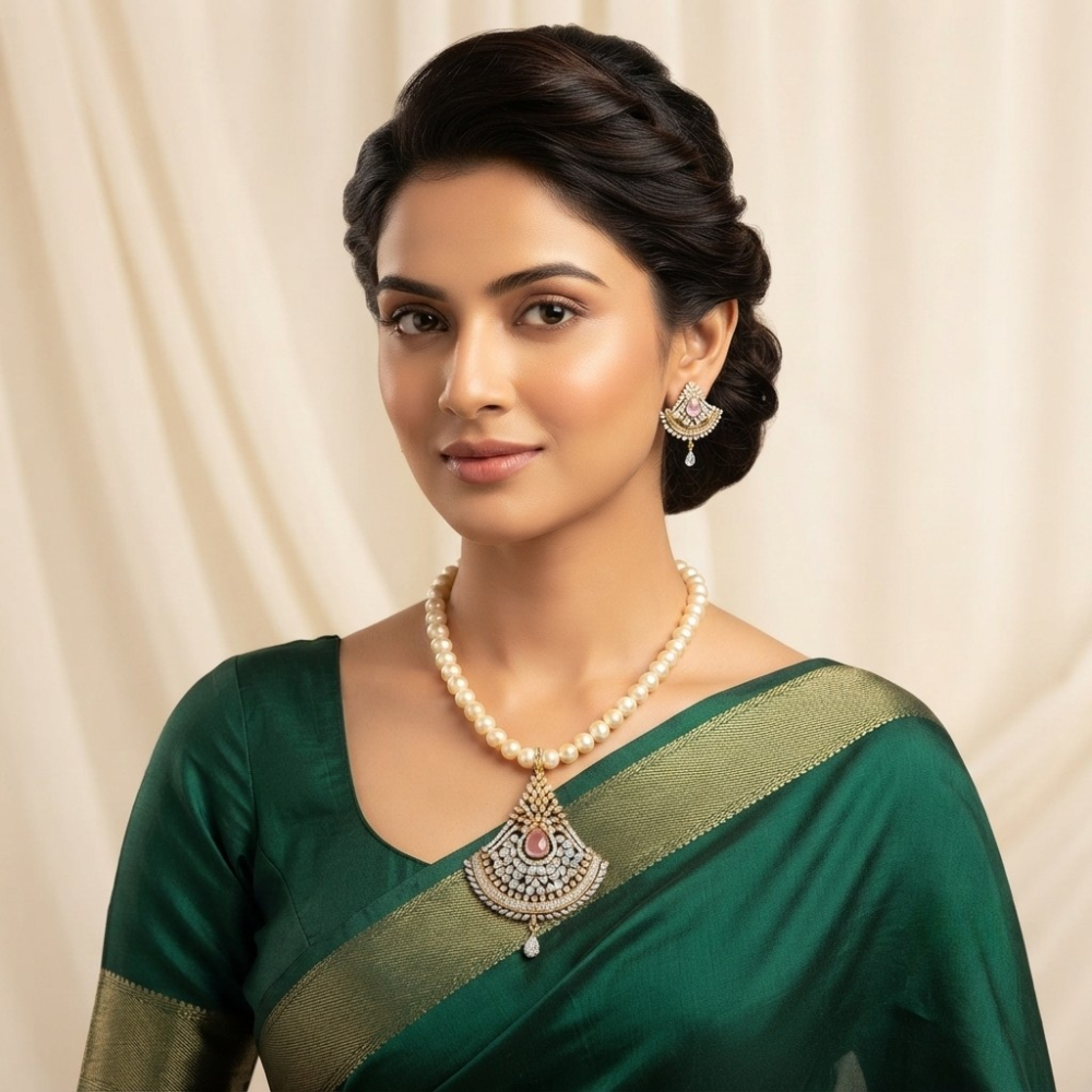 Pearl Necklace With Locket and Earrings