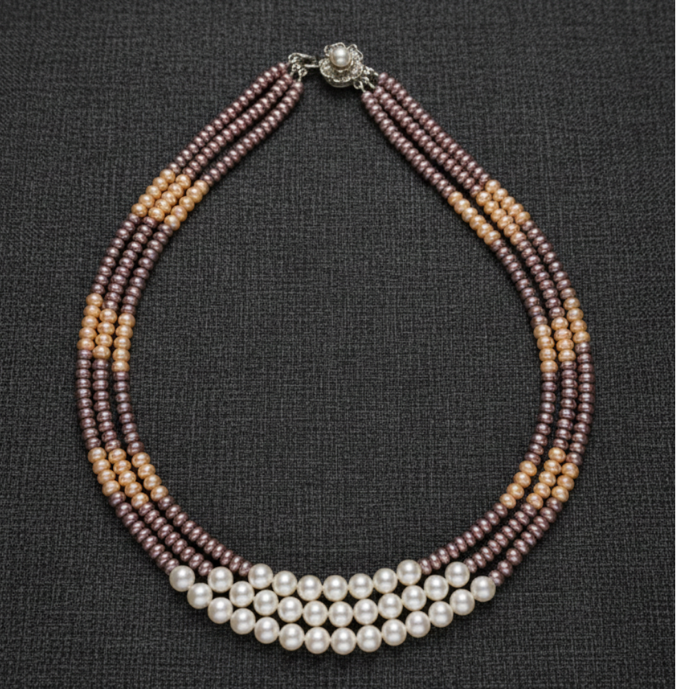 Triple-Tone Blossom Pearl Necklace