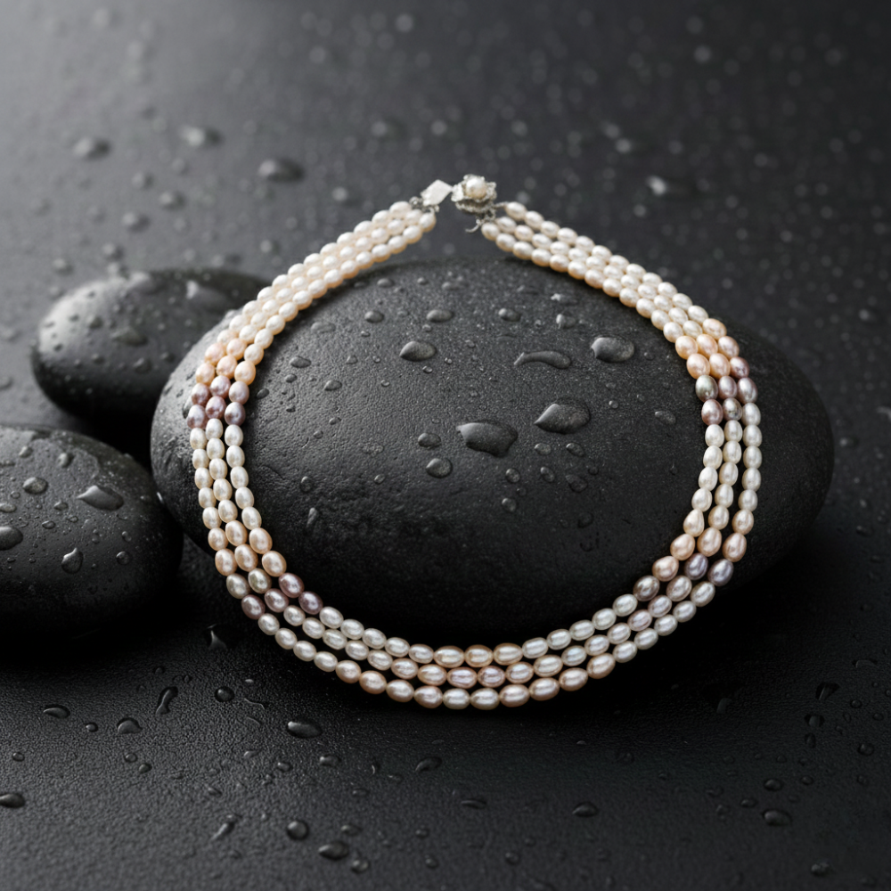 Multi-Tone Triple Strand Biwa Pearl Necklace