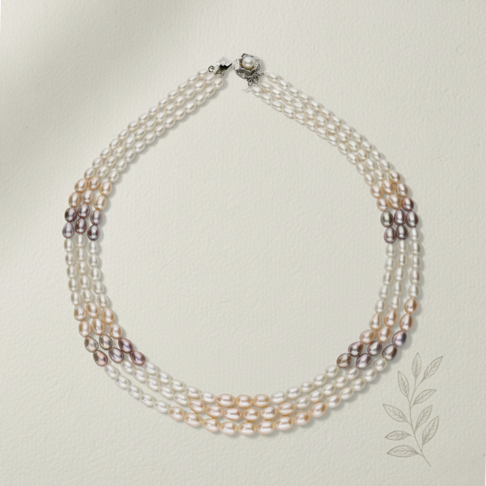 Multi-Tone Triple Strand Biwa Pearl Necklace