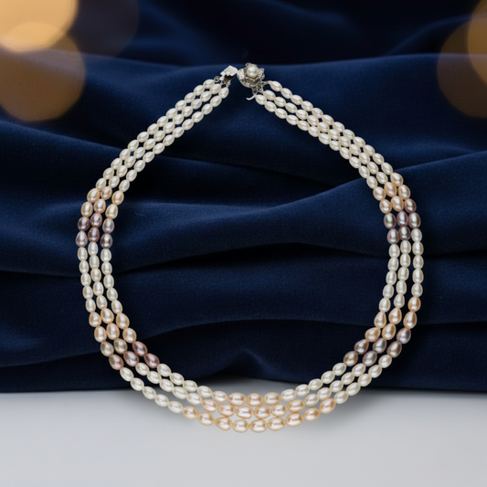 Multi-Tone Triple Strand Biwa Pearl Necklace