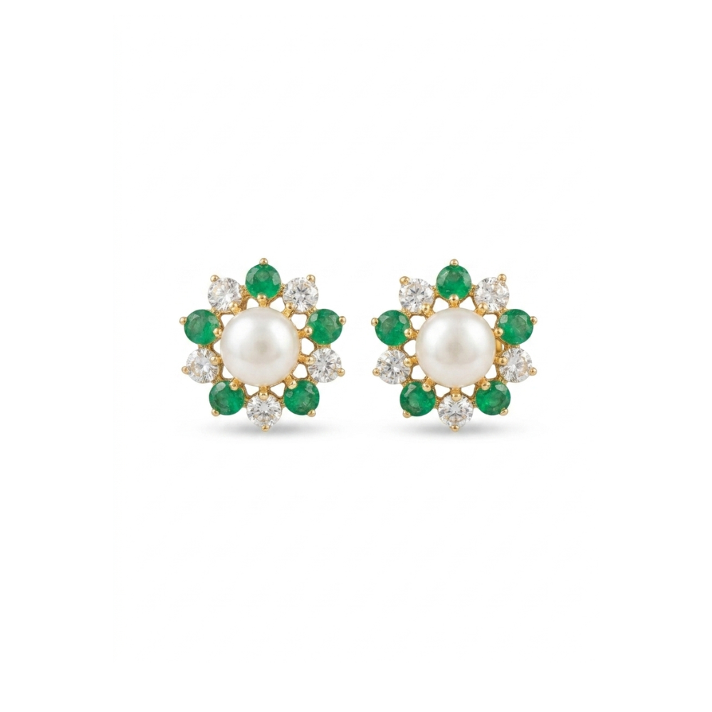 Floral Emerald White Pearl Ear Tops