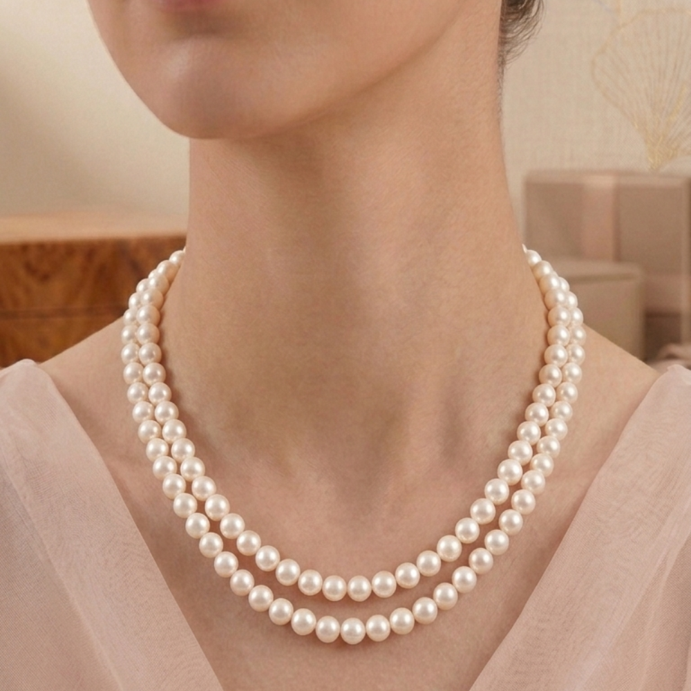 Luminous Layered Classic White  Pearl Necklace
