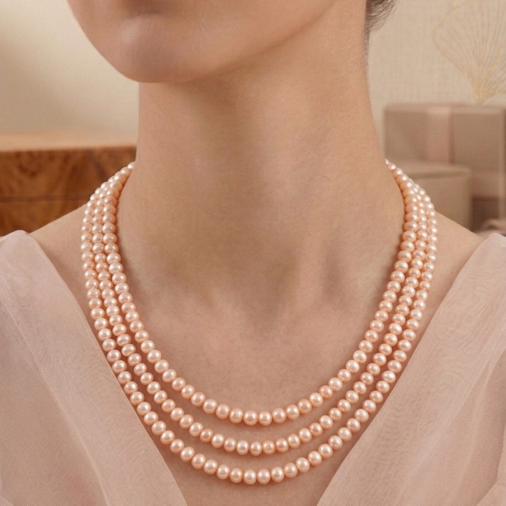 Peach Rosé Triple Strand Neckalce