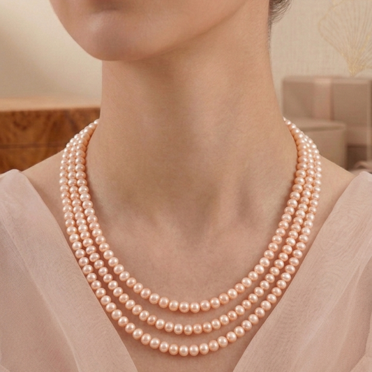 Peach Rosé Triple Strand Neckalce