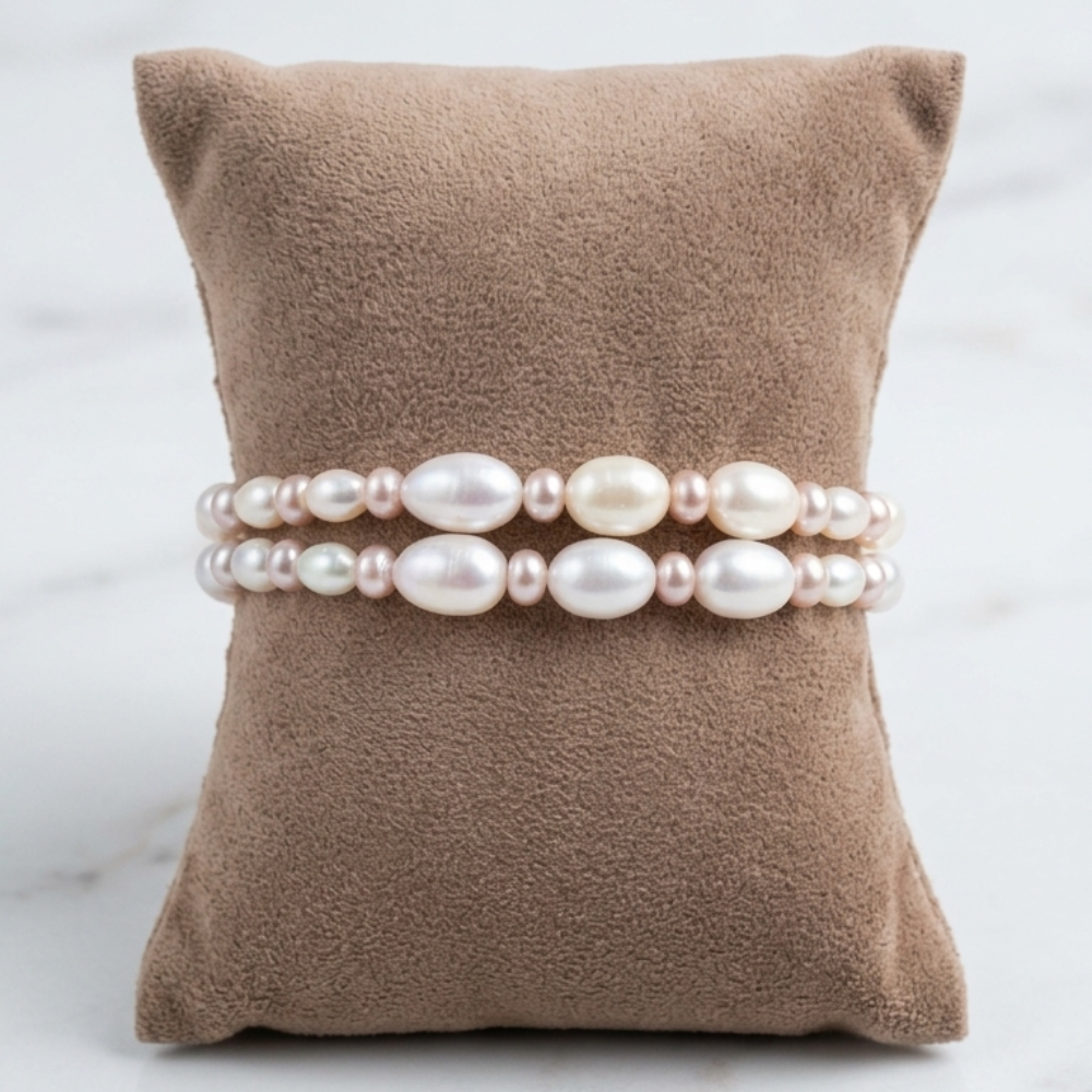 Double-Strand Oval Freshwater Pearl Bracelet with Gold Clasp