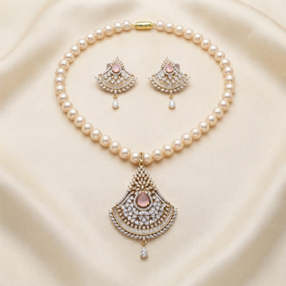 Pearl Necklace With Locket and Earrings