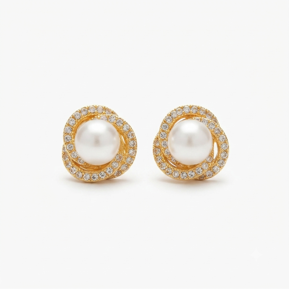 Gold-Tone Intertwined Pave Crystal and Pearl Stud Earrings