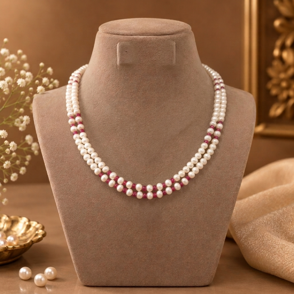 White and Ruby Beeds Pearl Necklace