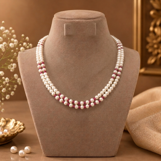 White and Ruby Beeds Pearl Necklace