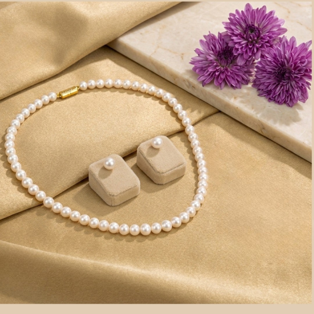 White Pearl Necklace Single Line Set