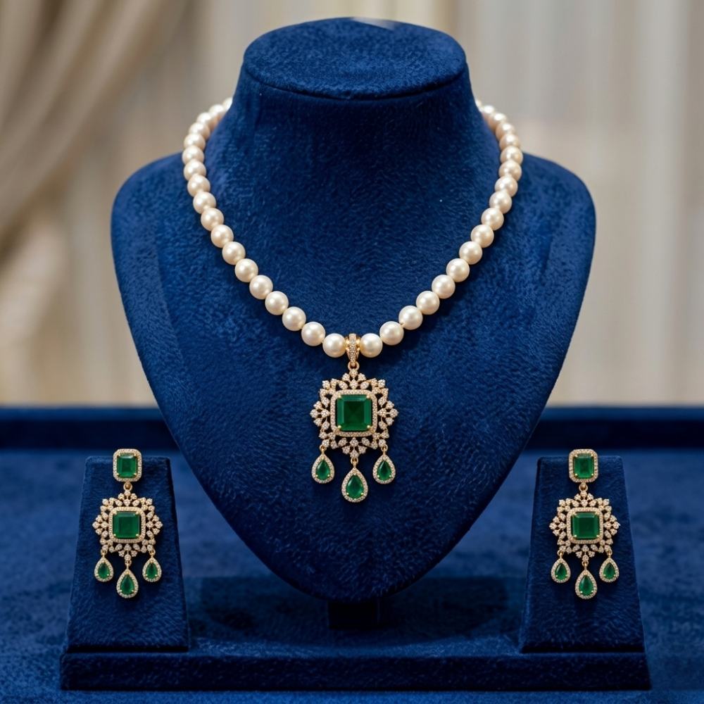 Traditional Green Stone and Pearl Necklace Set