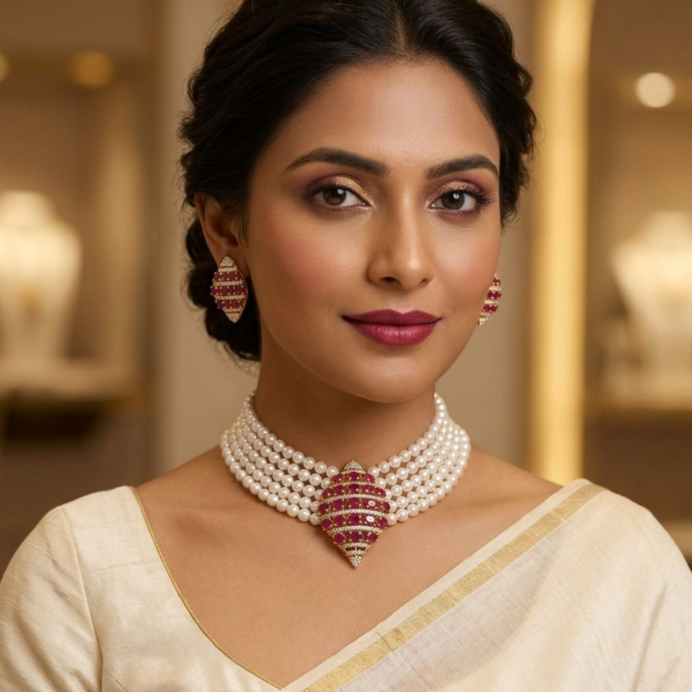 pearl choker necklace center ruby and stone-studded pendant