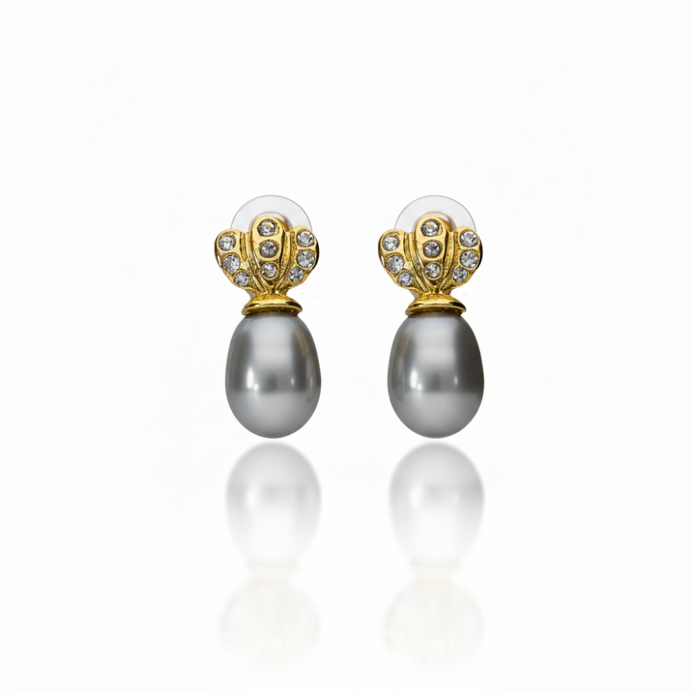 Gold Seashell Crown Grey Pearl Drops
