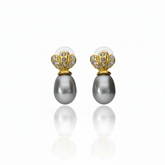 Gold Seashell Crown Grey Pearl Drops