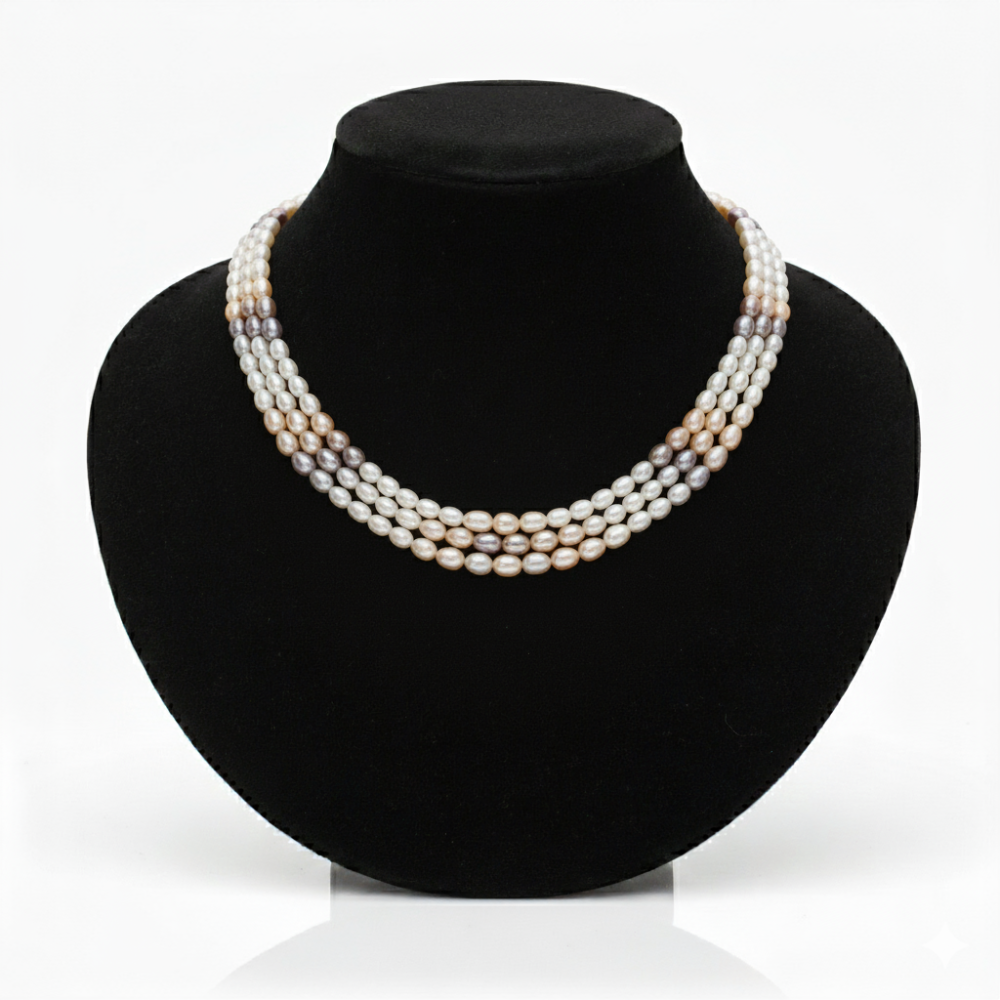 Multi-Tone Triple Strand Biwa Pearl Necklace