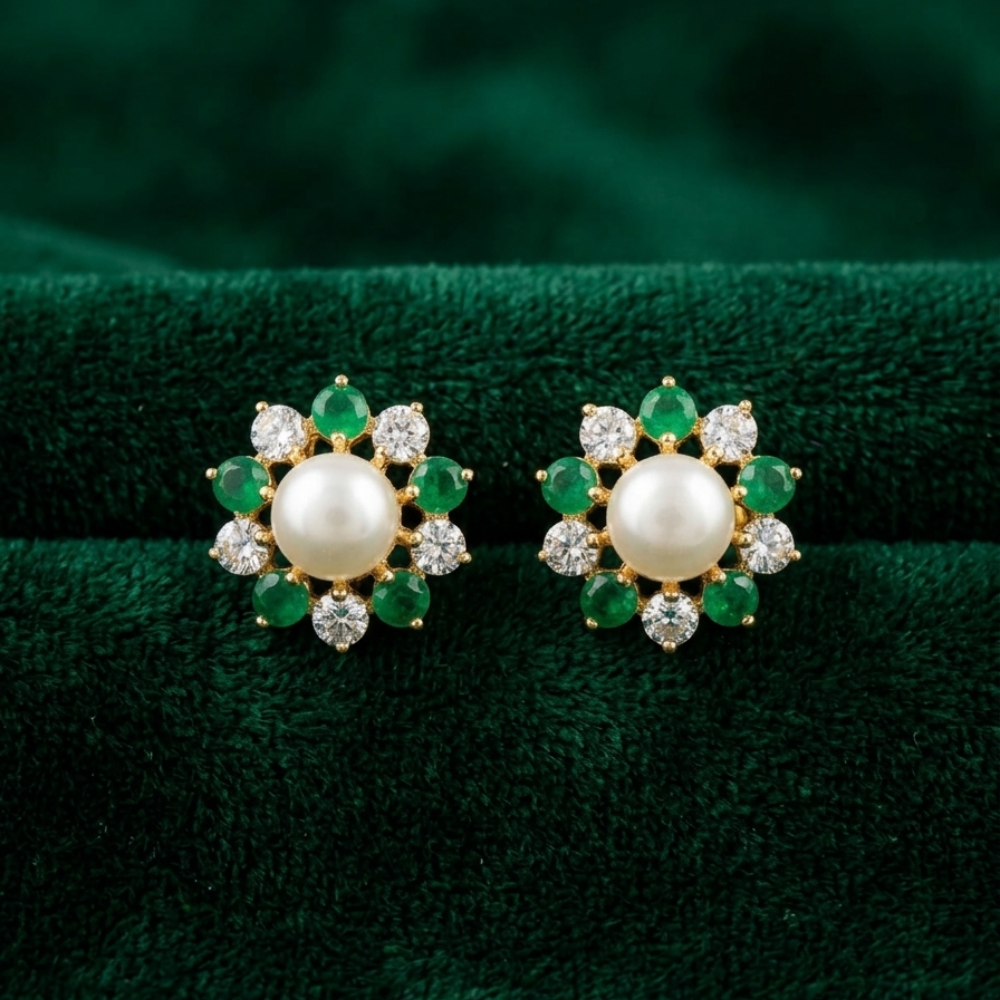 Floral Emerald White Pearl Ear Tops