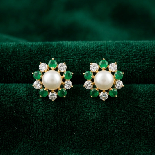 Floral Emerald White Pearl Ear Tops