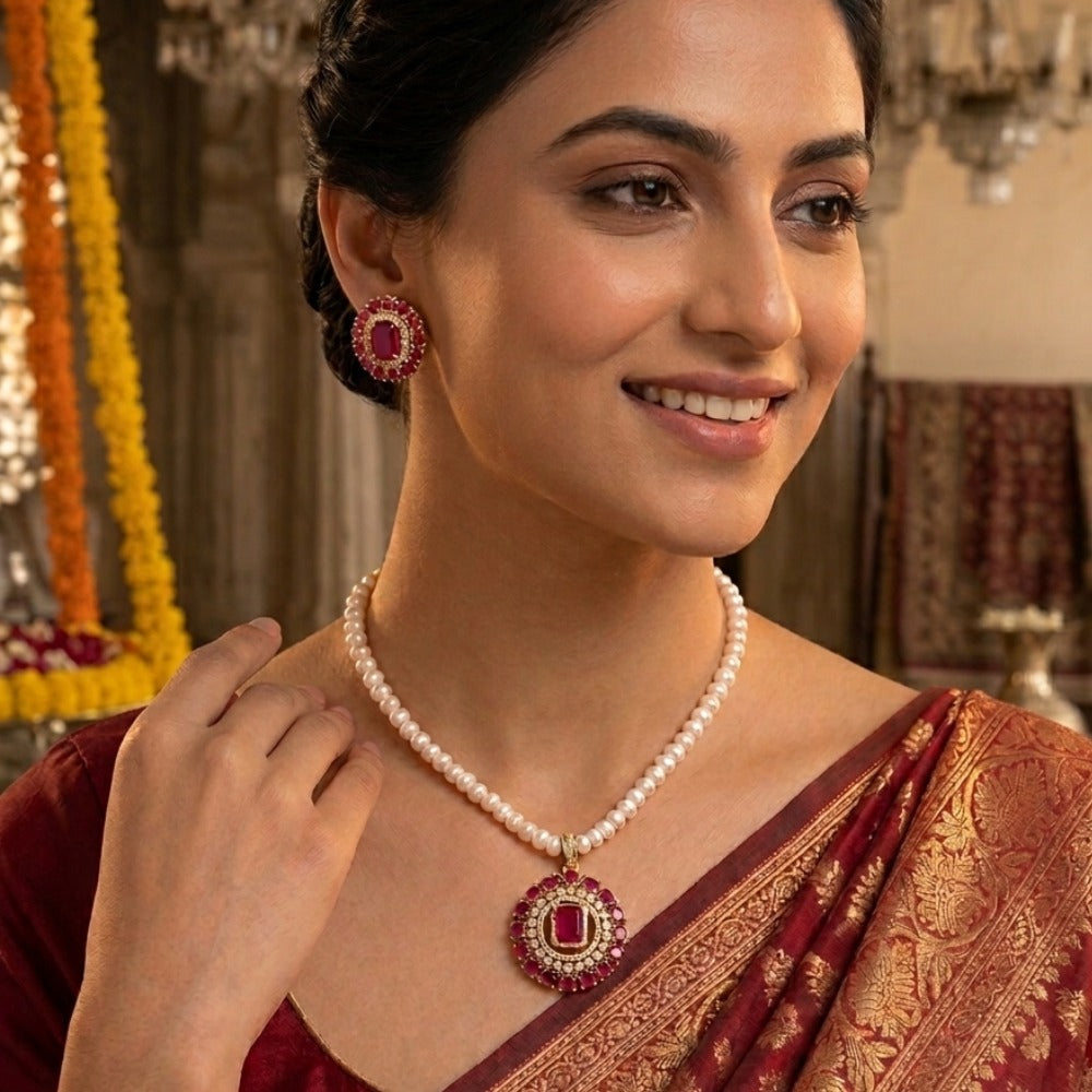 Pearl locket set with ruby stone