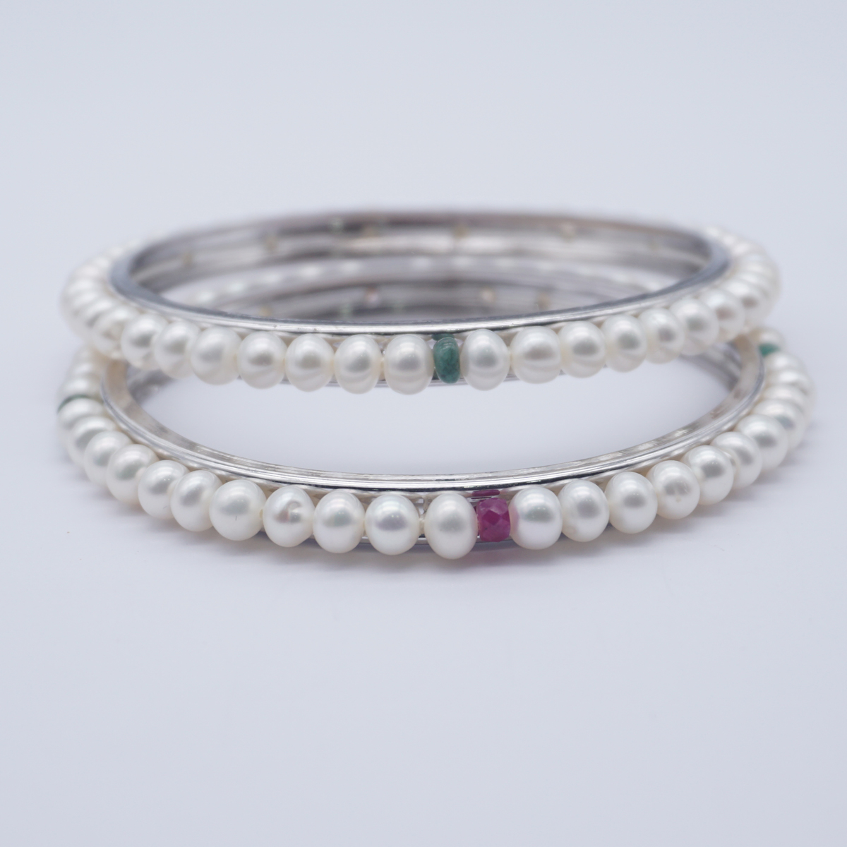 Fresh Water white colour pearl & red,green stones round shape pearls bangle
