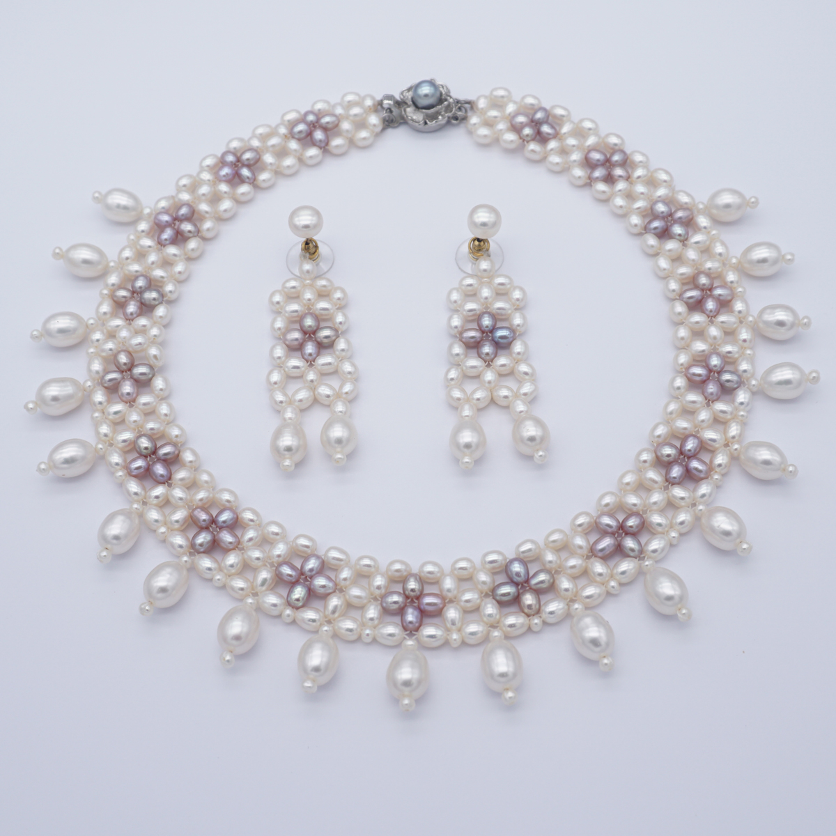 Fresh Water single row white & pink colour pearls jali set