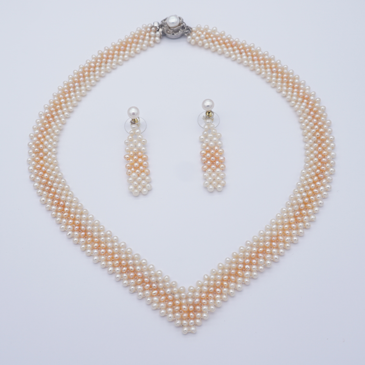 Fresh Water single row white & peach colour pearls jali set